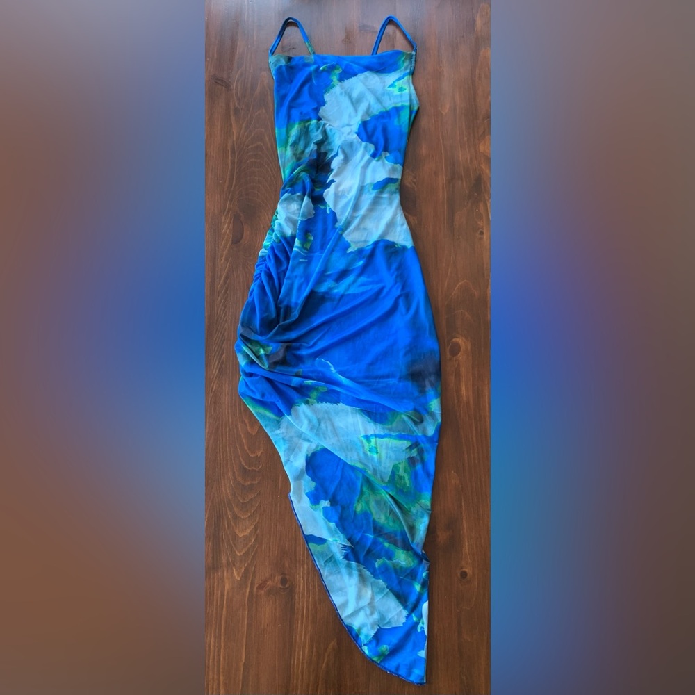SOLD - Blue Bodycon Asymmetrical Dress - Picture 3 of 7